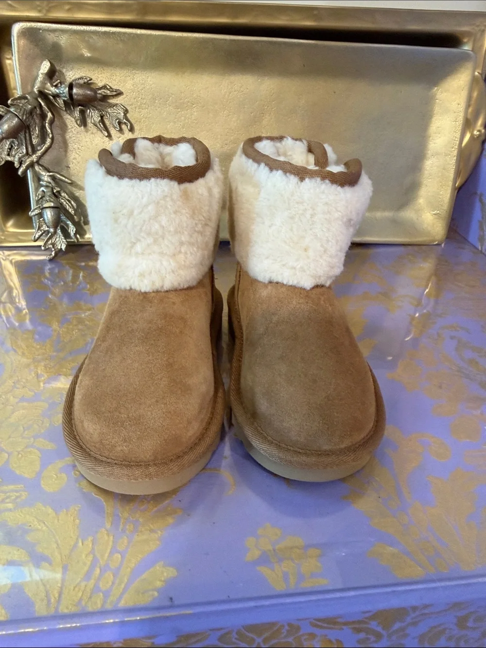 UGG Chestnut Suede Shearling Cuff Kids Slippers